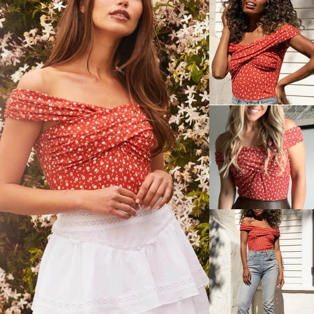 Lulus Blissful Blooms Red Floral Print Off-the-Shoulder Bodysuit size M